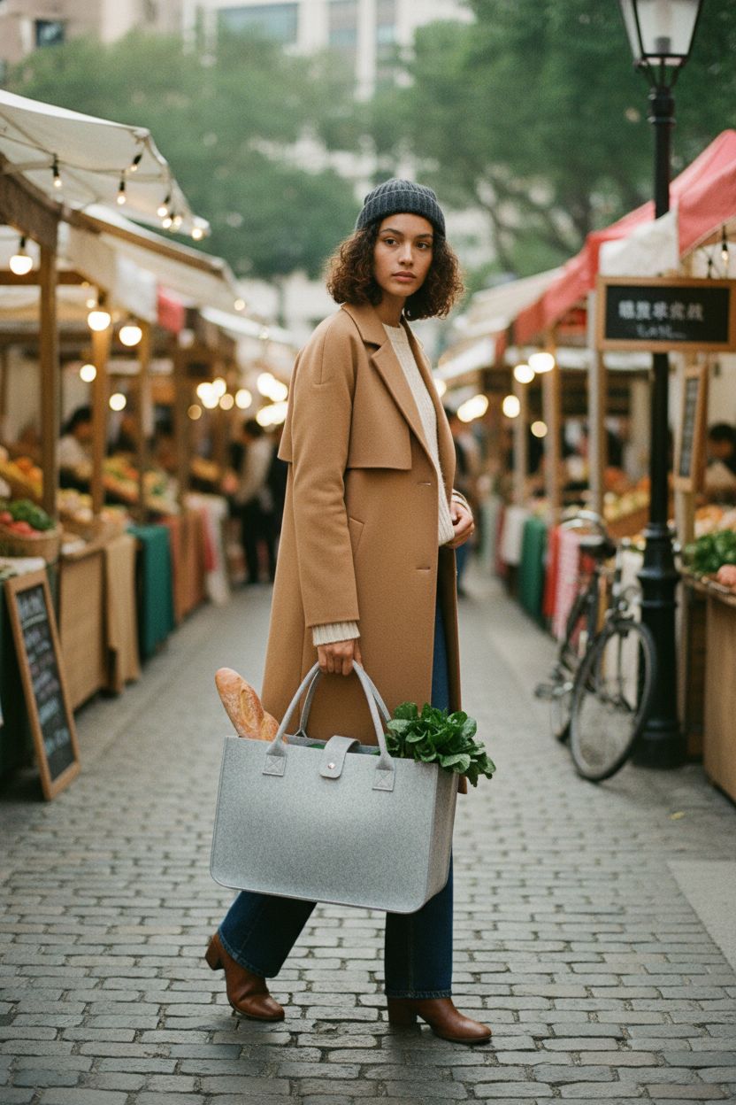 YueNepenth gray felt tote bag with baguette and greens at a farmer's market