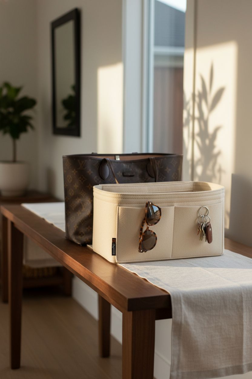 Cozy reading nook featuring OMYSTYLE felt organizer beside a tote and books