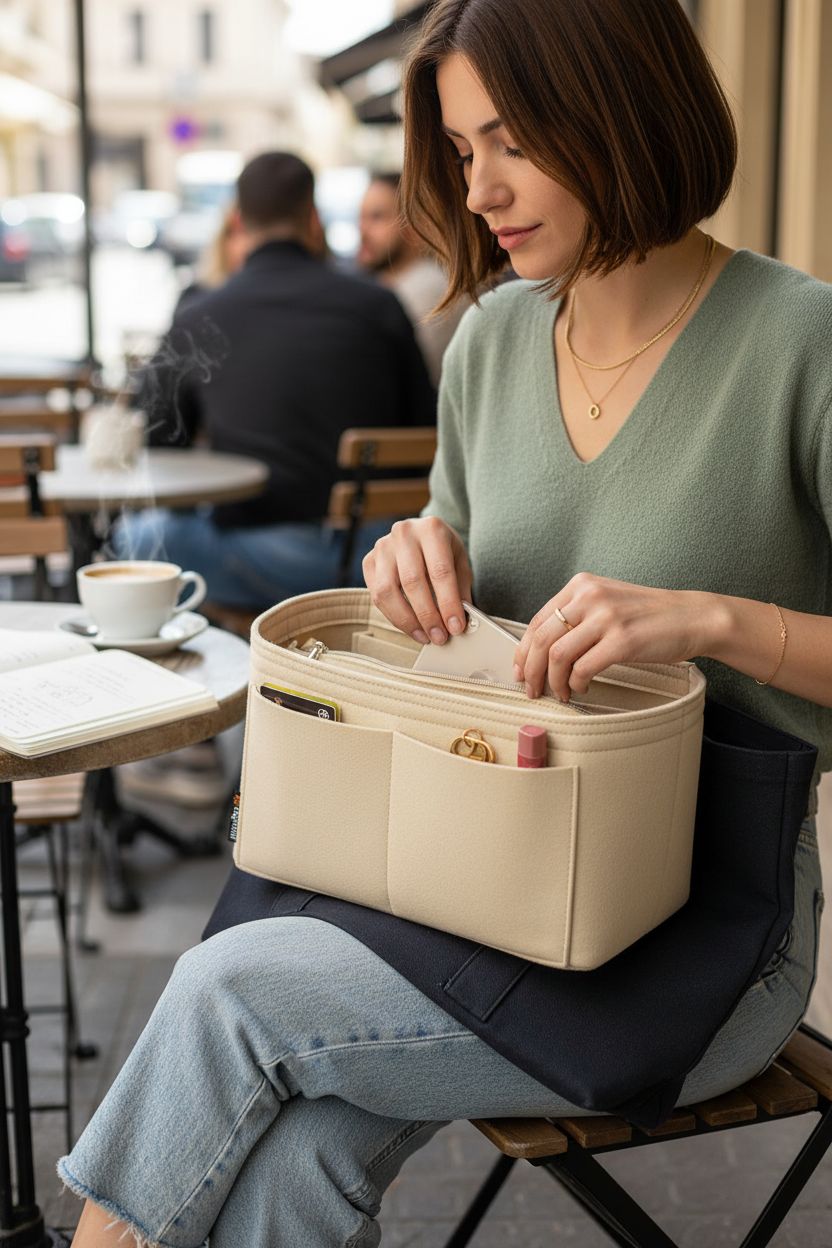 Light beige OMYSTYLE felt organizer visible in structured tote at a market