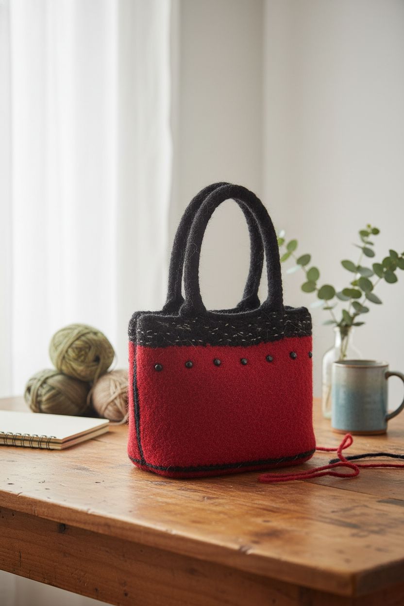 Finished felted bag on wood tabletop with wool yarn and ceramic mug, creating a warm crafting atmosphere by Martingale.