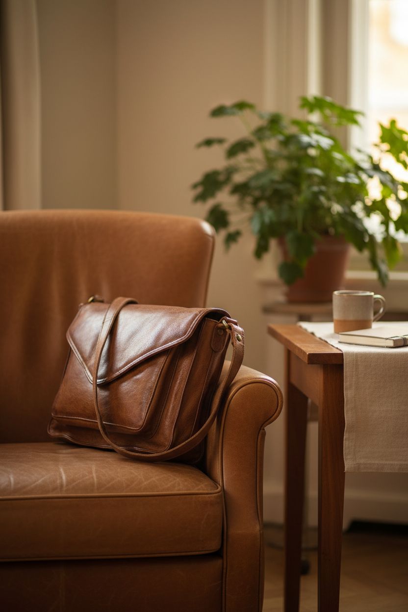 Cozy reading nook featuring Ozora tan leather bag next to a warm walnut side table.