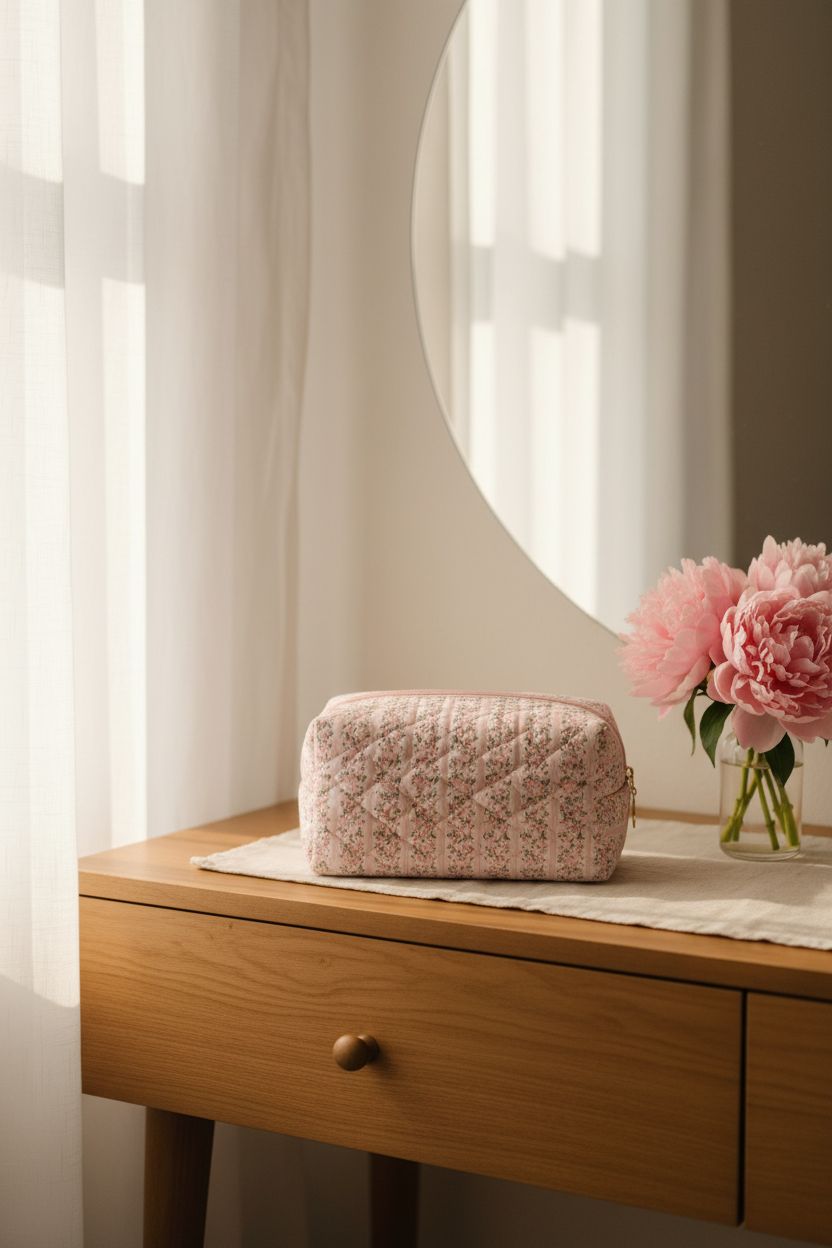 Floral makeup bag by HHQQWZ on a serene vanity, enhancing a calming morning routine.