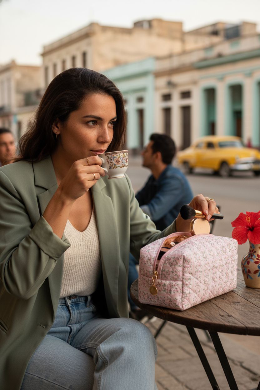 Pink floral makeup bag by HHQQWZ at a café setting, showcasing zipper and organized cosmetics.