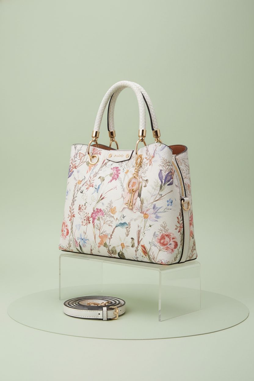 ALDO Myrtelaa floral purse showcased in a clean studio setting.