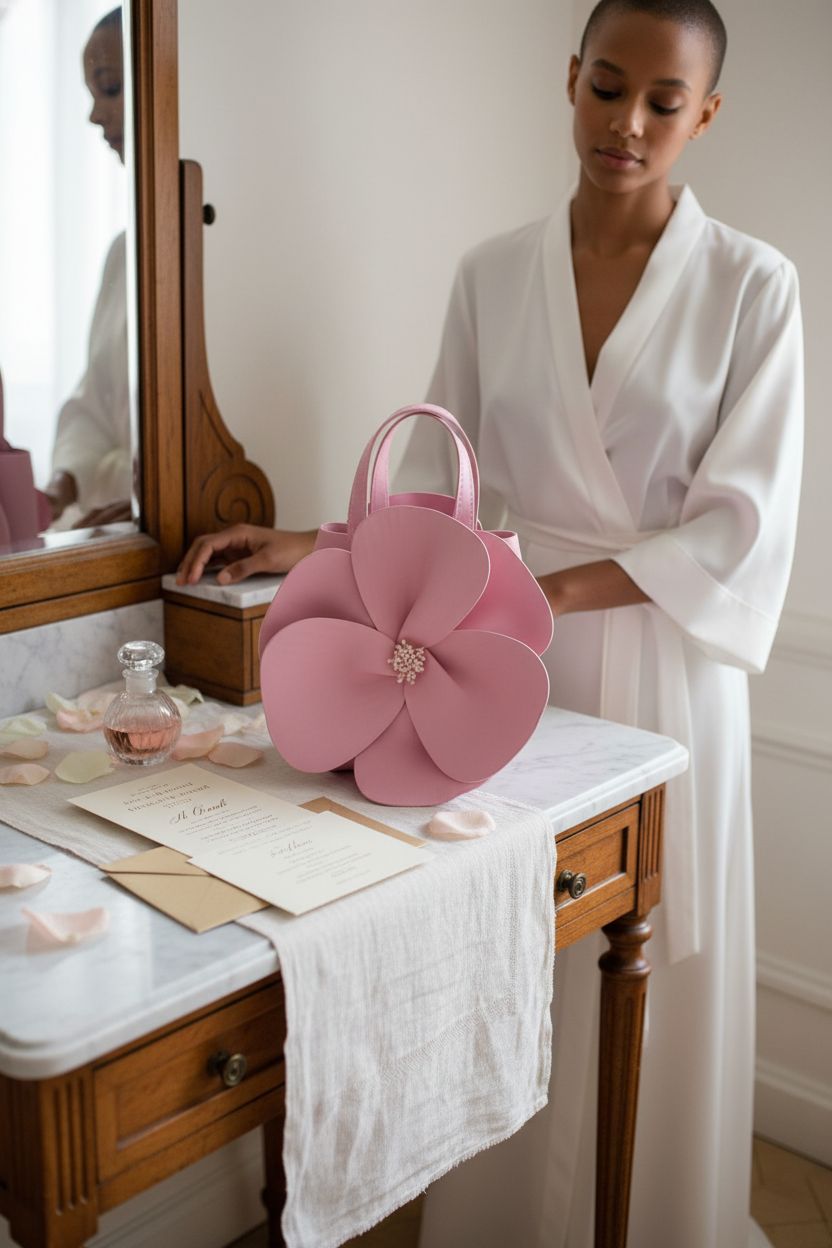 CUXVA Mini Flower Purse as a centerpiece in a bridal suite, surrounded by wedding decor.