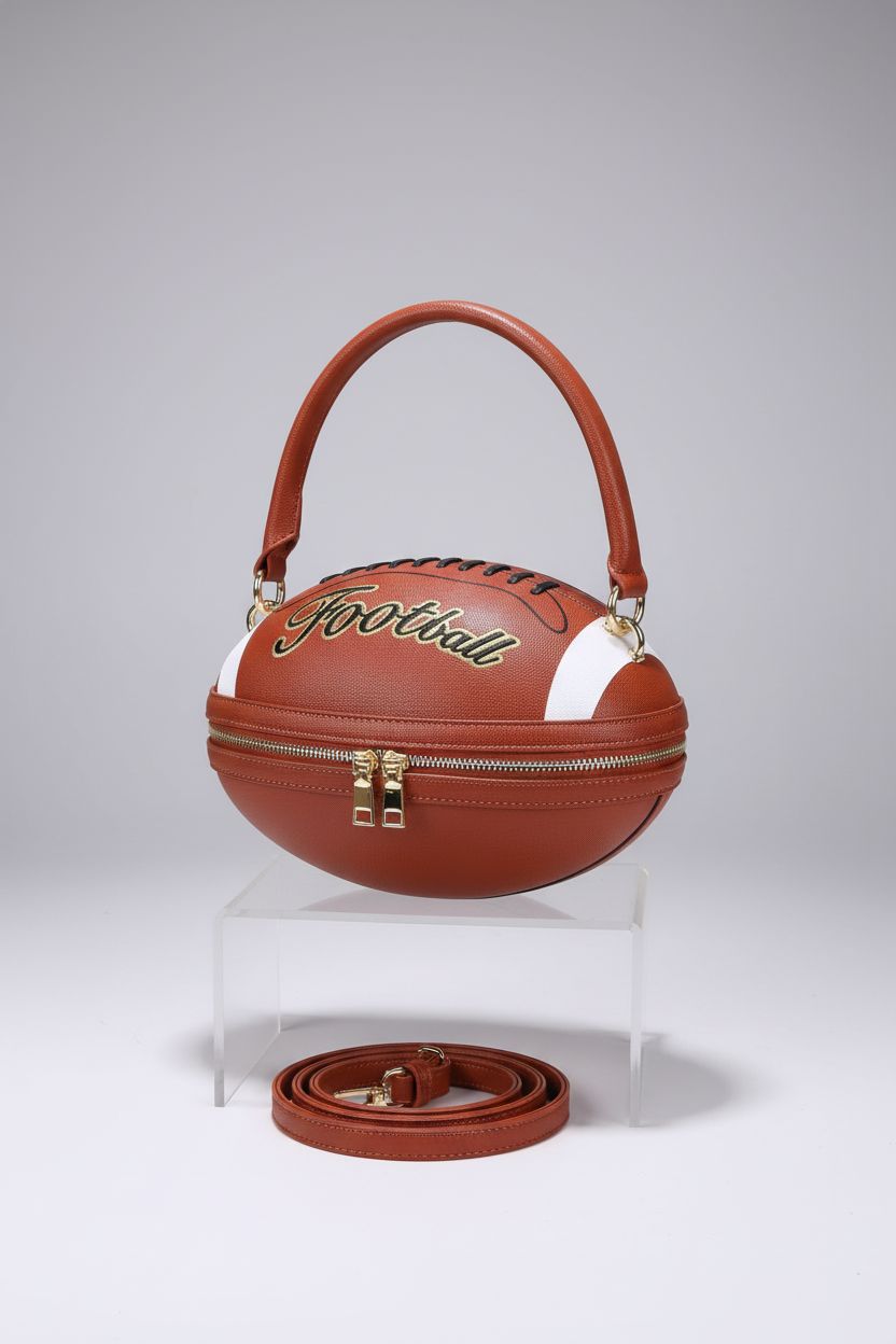 Lyuxhetaokdiq football-shaped handbag displayed on a clean backdrop, highlighting its PU leather texture.