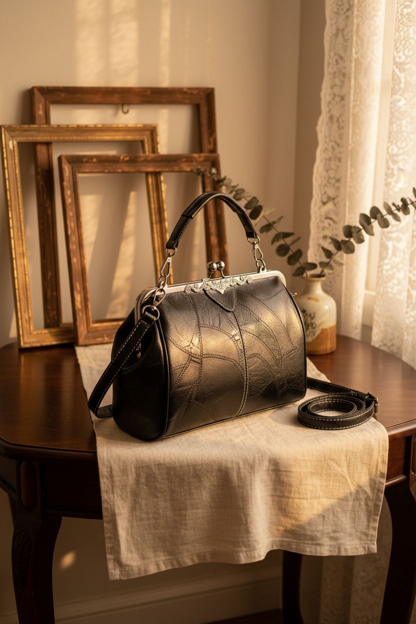 Wivmypog black handbag in cozy parlor, surrounded by vintage frames and soft lighting, showcasing its charm.