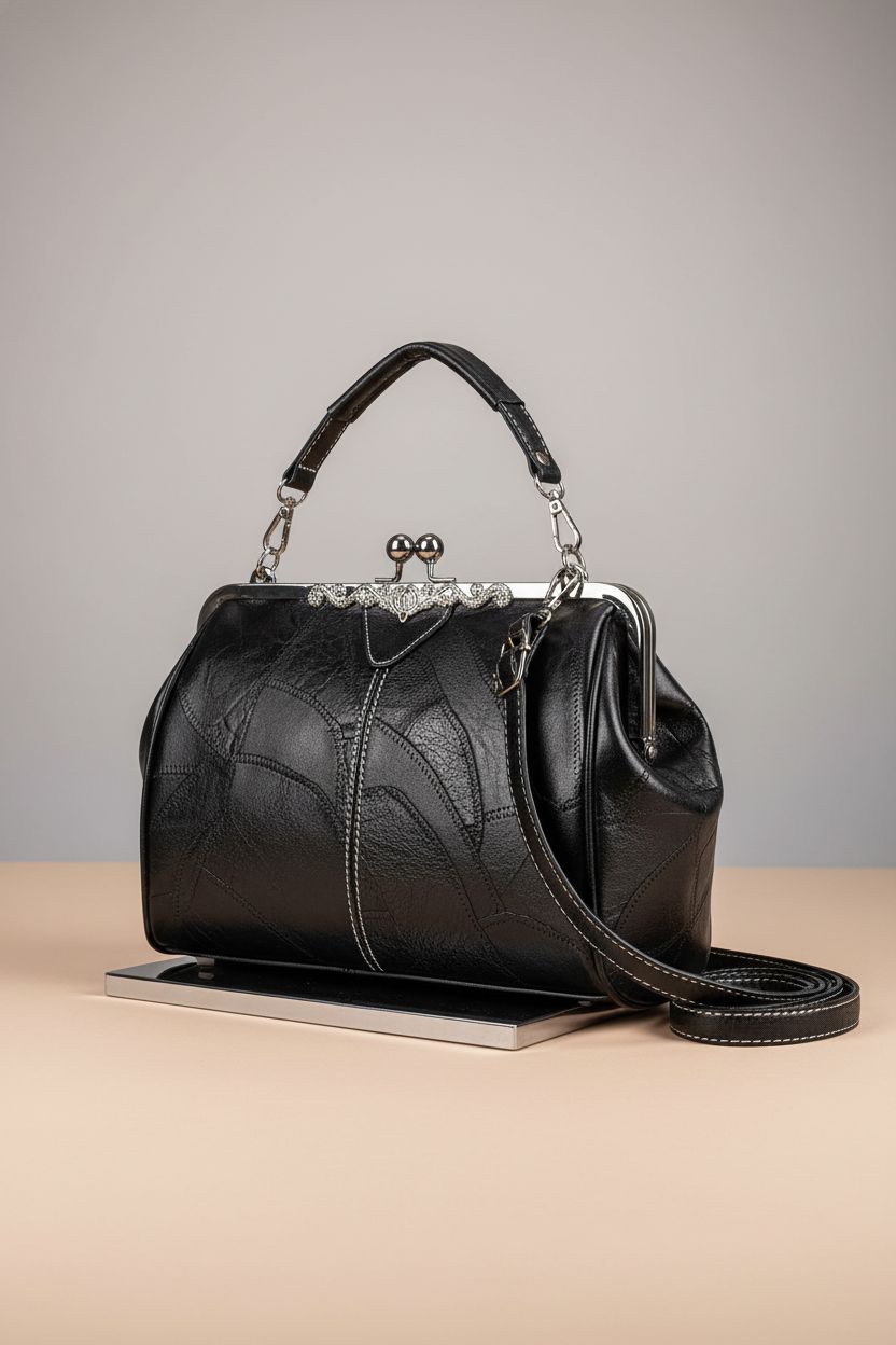 Wivmypog black vintage frame handbag on gray background, highlighting its kiss lock closure and oil leather finish.