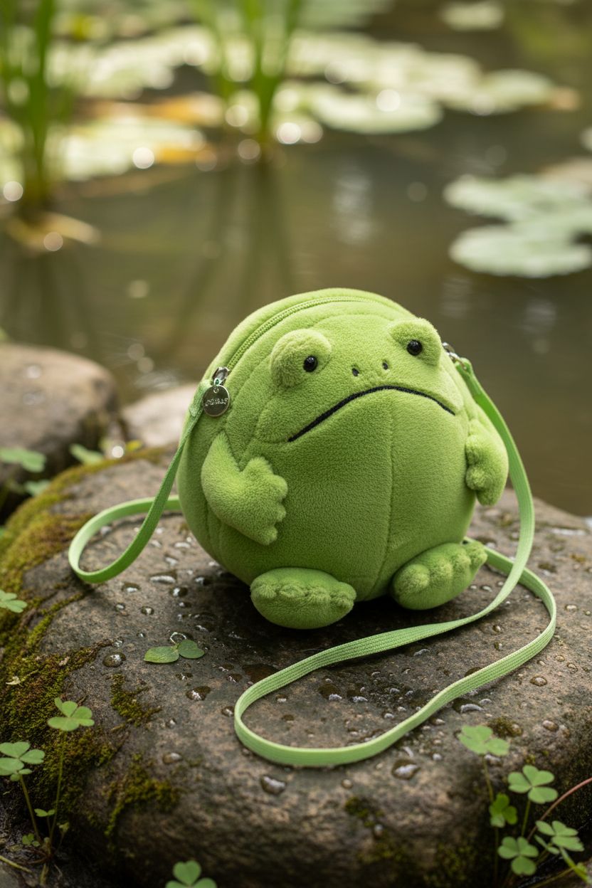 Jellycat Ricky Rain Frog purse resting on a mossy stone, showcasing its plush design in a nature setting.
