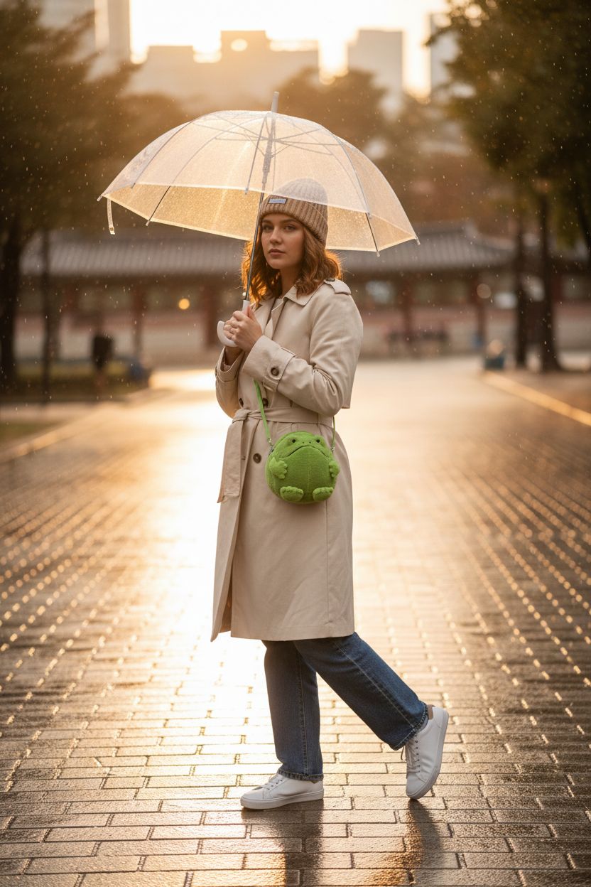 Bright green Jellycat Ricky Rain Frog bag contrasts with rainy park backdrop, perfect for stylish outings.