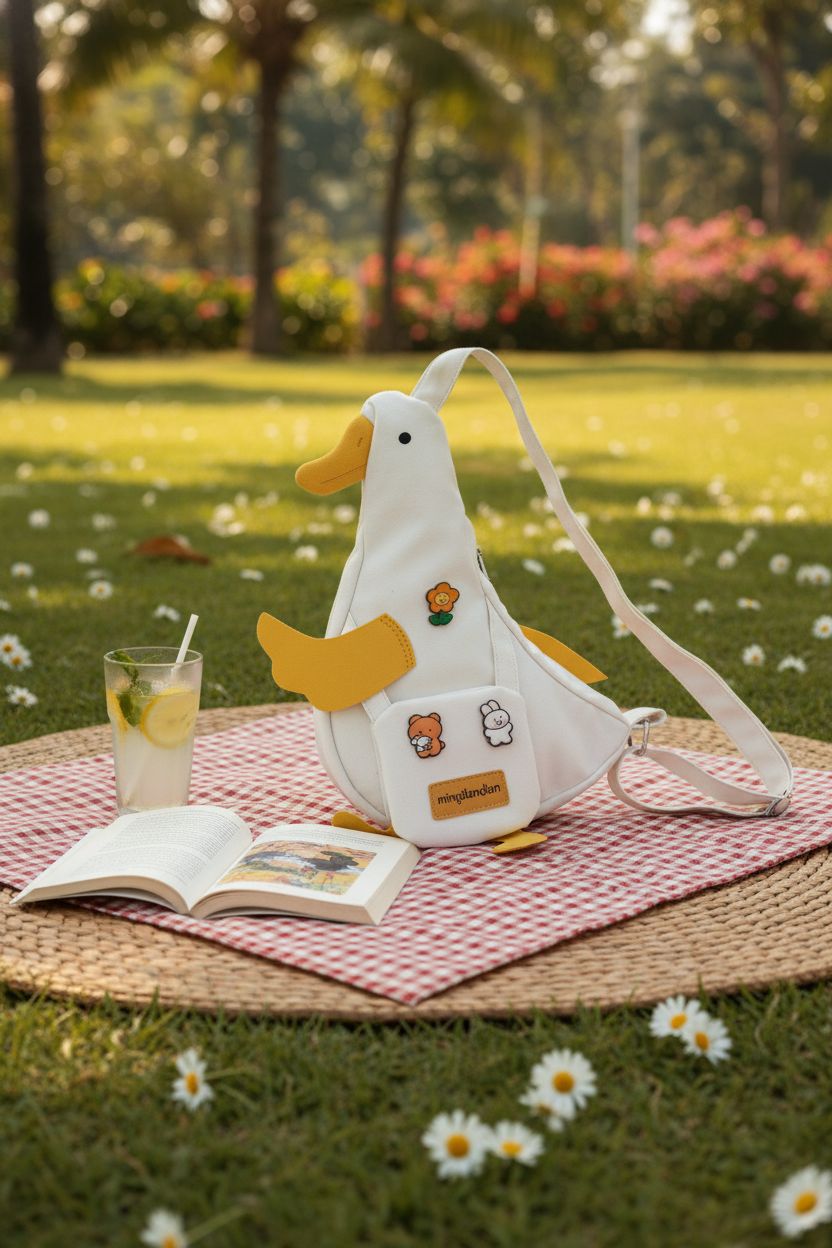 PRLINJSK duck bag resting on a picnic mat, ideal for playful outdoor adventures.