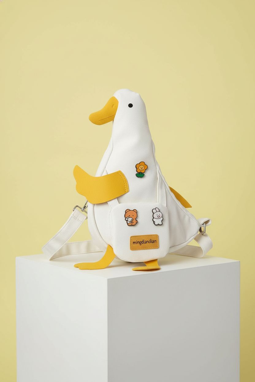 PRLINJSK duck crossbody bag on a pastel background, highlighting its cute design and quality.