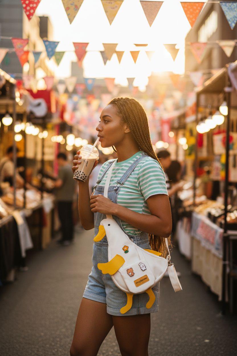 PRLINJSK duck crossbody bag featured at a vibrant pop-up market, perfect for weekend fun.