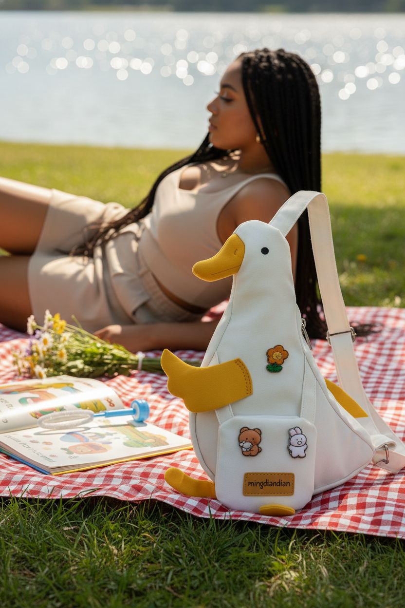 PRLINJSK Kawaii Purse adds whimsy to a lakeside picnic, surrounded by cheerful summer items.