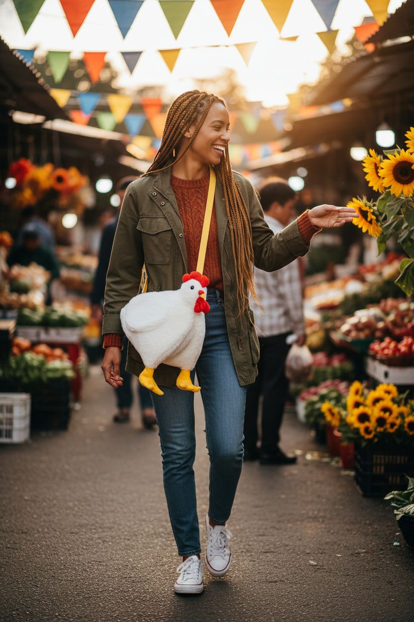 Saintrygo plush chicken purse with yellow strap and red comb at a farmer's market, adding fun to outfits.
