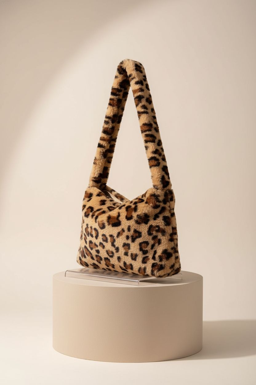 KPX leopard fuzzy tote bag on a pedestal, highlighting its plush texture and quality craftsmanship.
