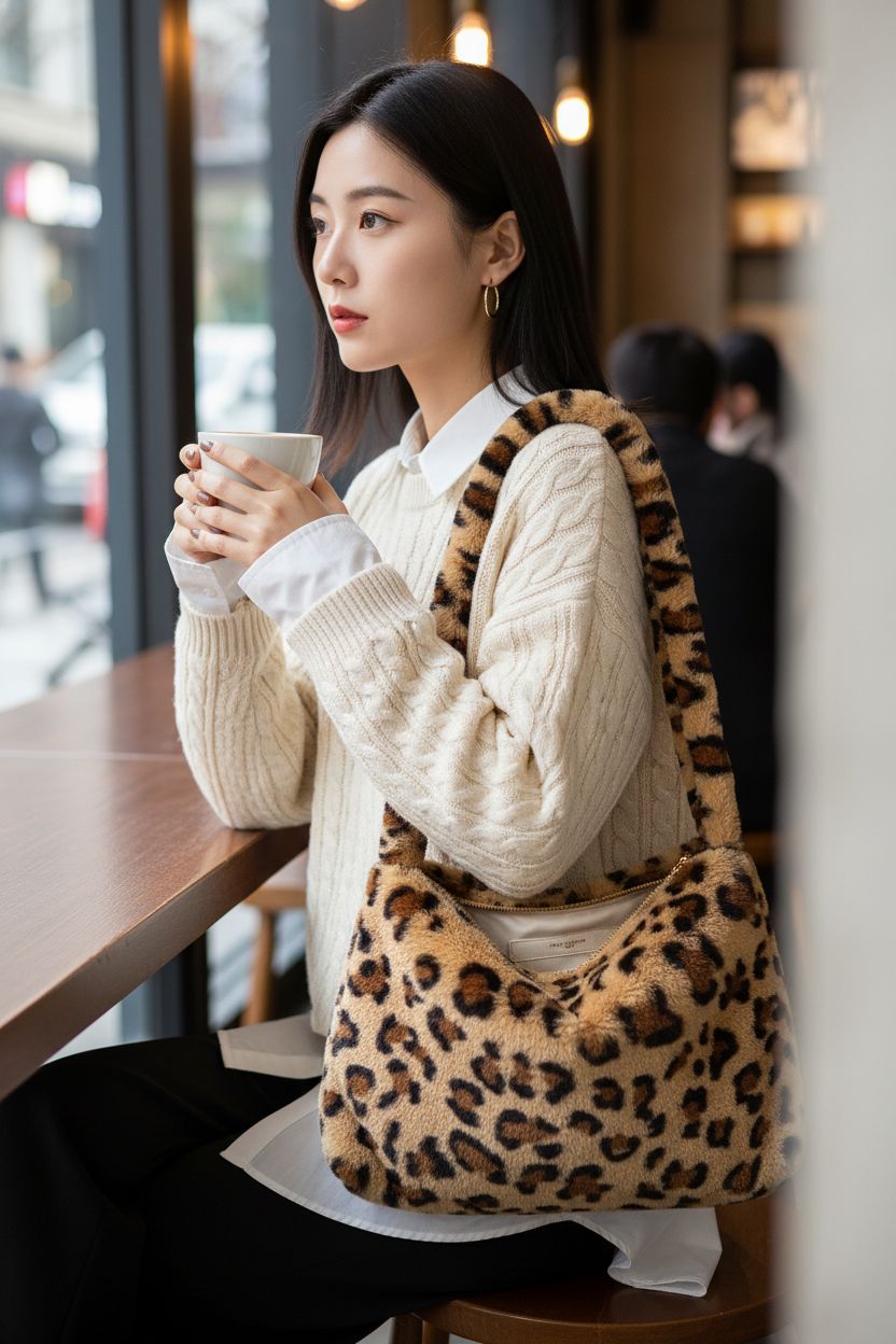 KPX fuzzy tote bag in leopard print, stylishly unzipped in a café setting, showcasing plush interior.