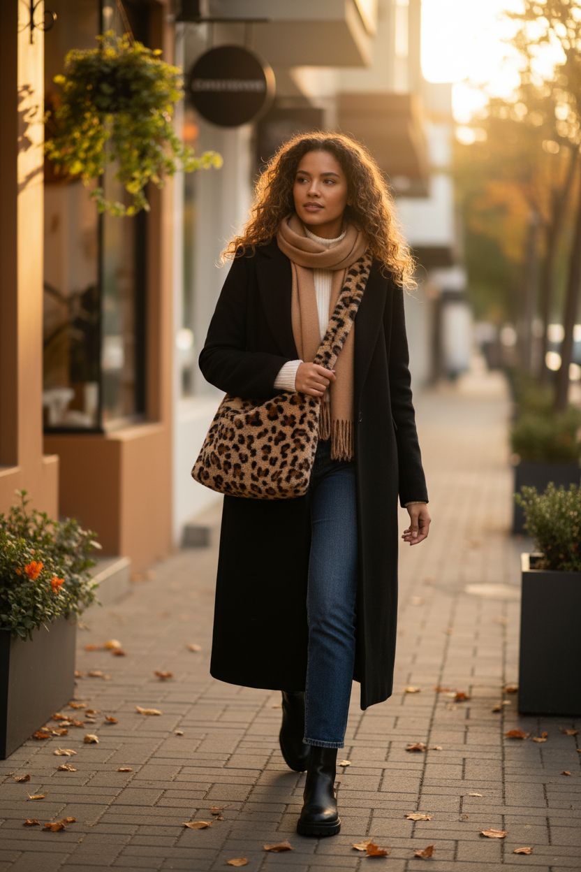 KPX leopard fuzzy shoulder bag elegantly swinging in the golden light of a cozy café sidewalk.