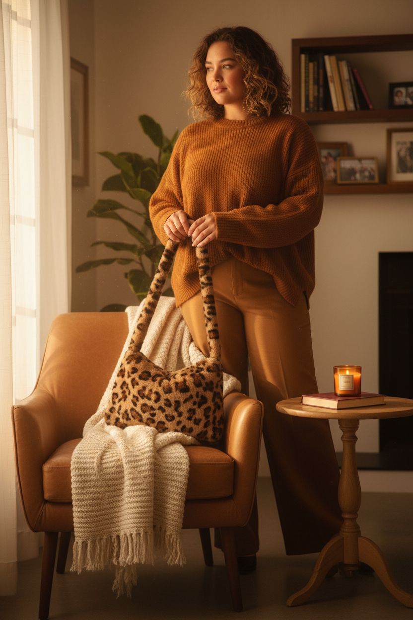 Cozy autumn scene with KPX fuzzy leopard tote bag resting on a leather chair.