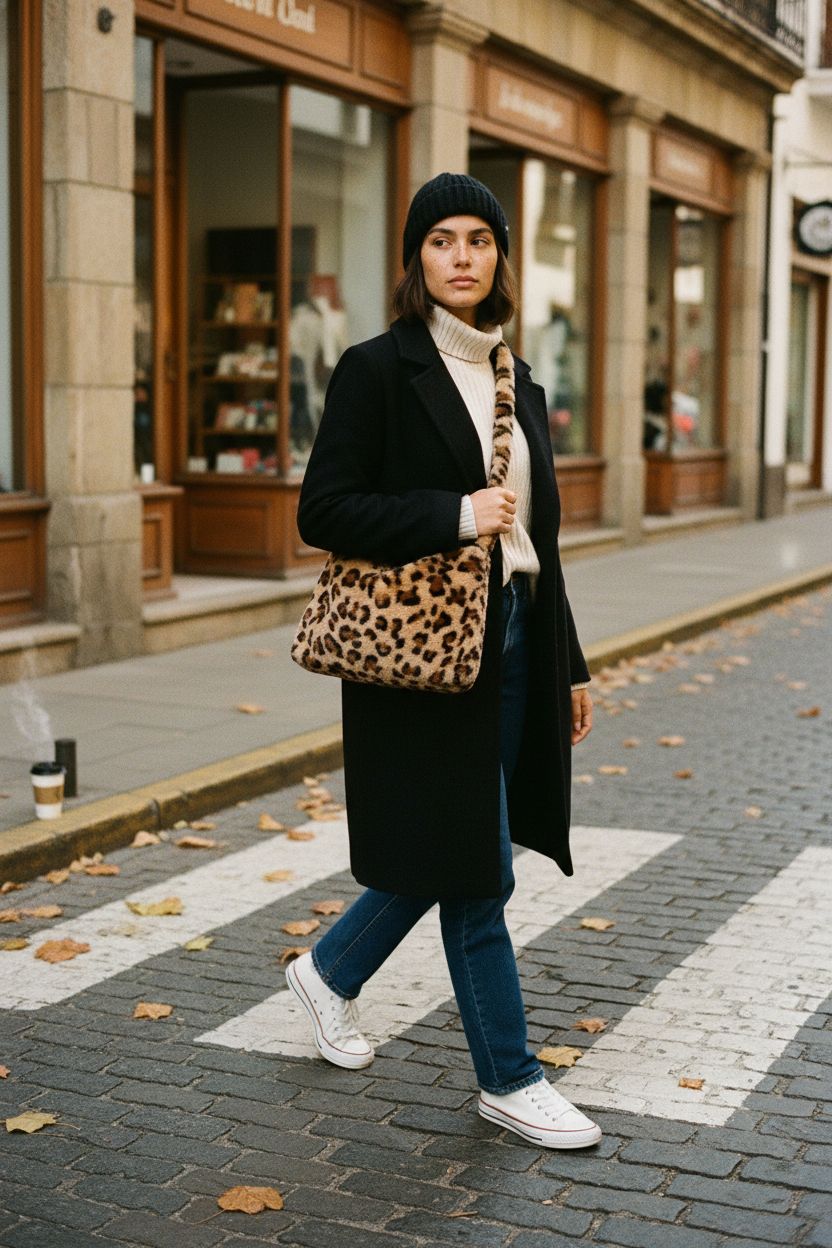 Fuzzy leopard tote bag by KPX on a stylish shoulder, perfect for autumn outings.