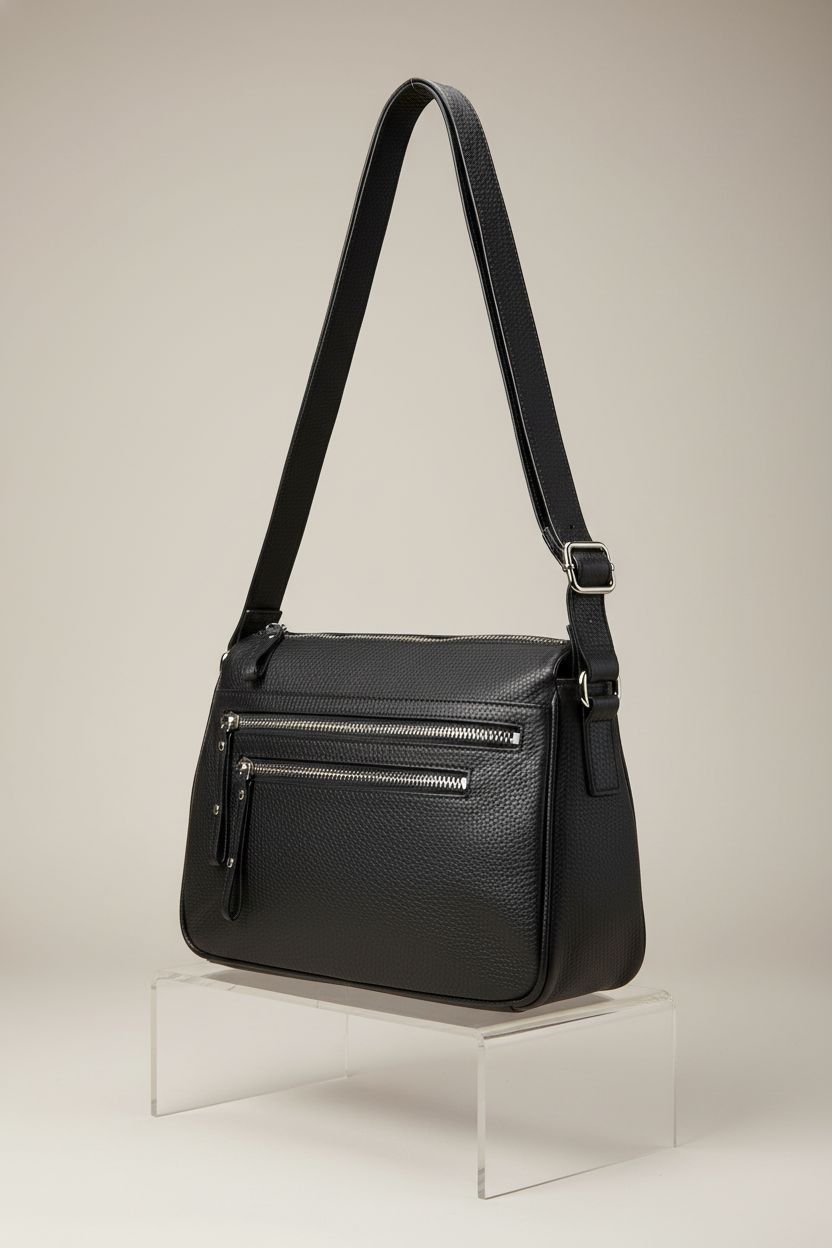 Detailed view of Bueno of California black leather crossbody showcasing its supple texture and triple-entry design.