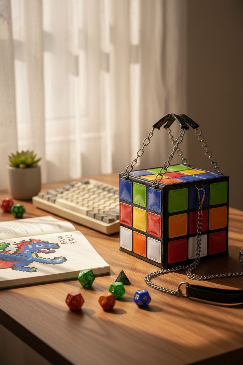 QZUnique cube bag ready for game night on a nostalgic desk with tech decor.