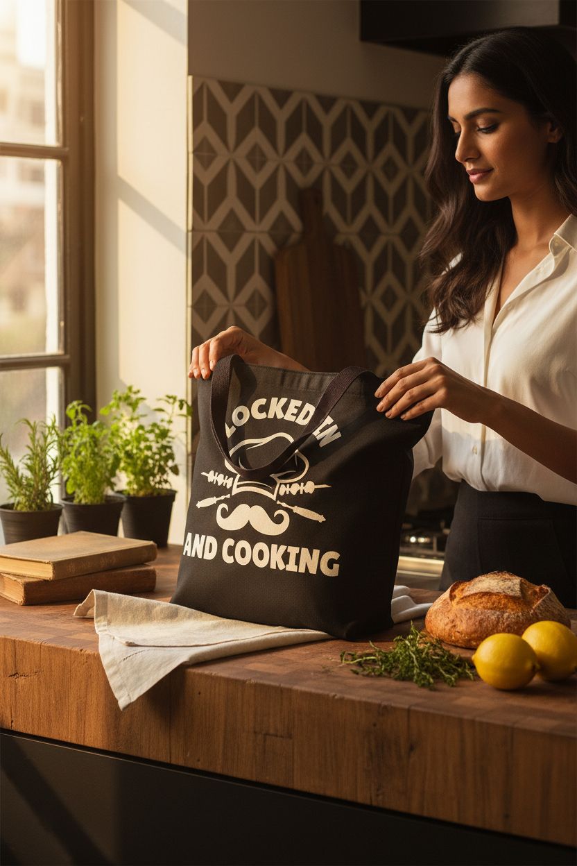 Cozy kitchen scene featuring Locked In And Cooking tote bag with fresh ingredients.