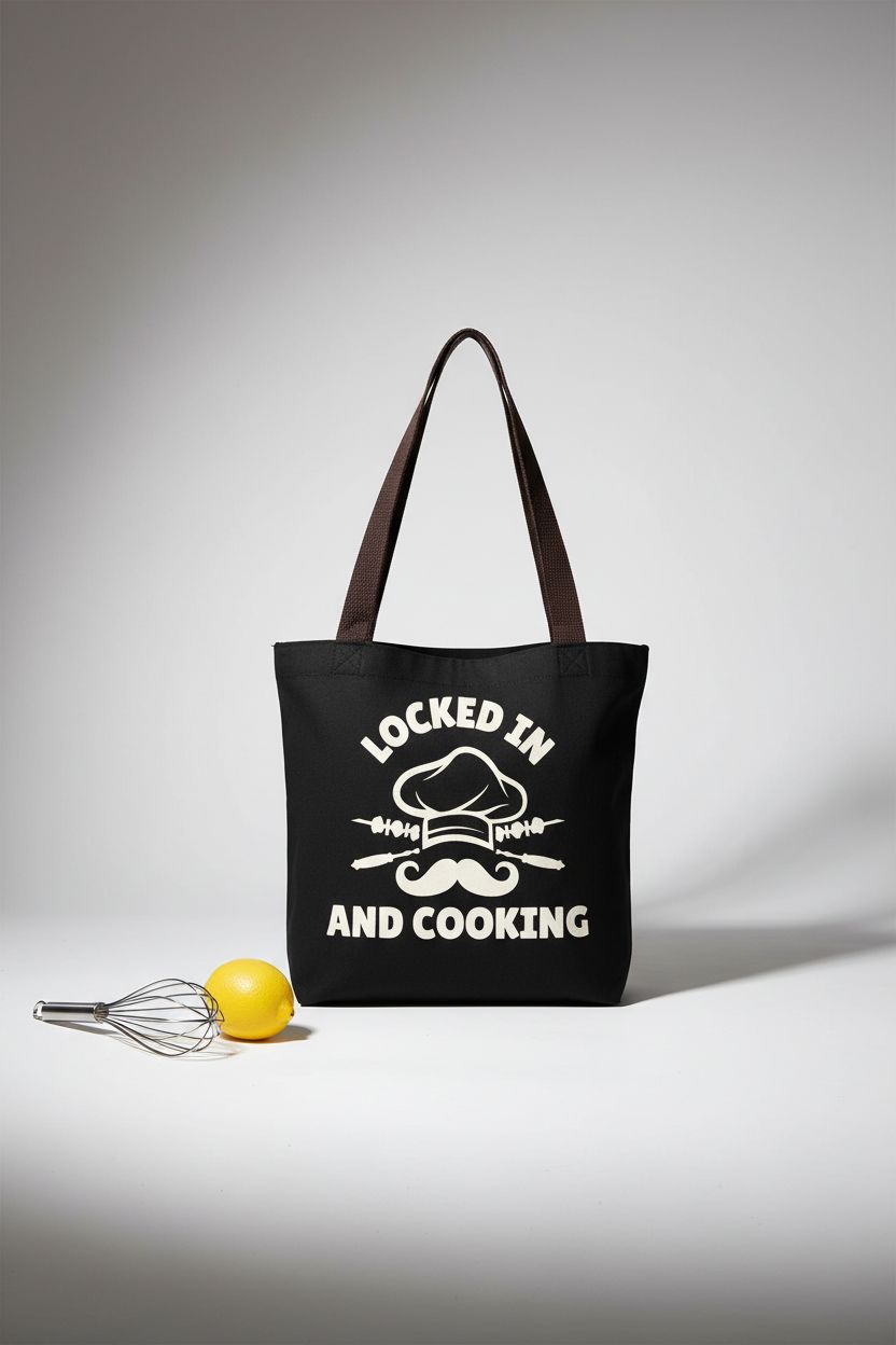 Product-focused shot of Locked In And Cooking tote bag highlighting its design and durability.
