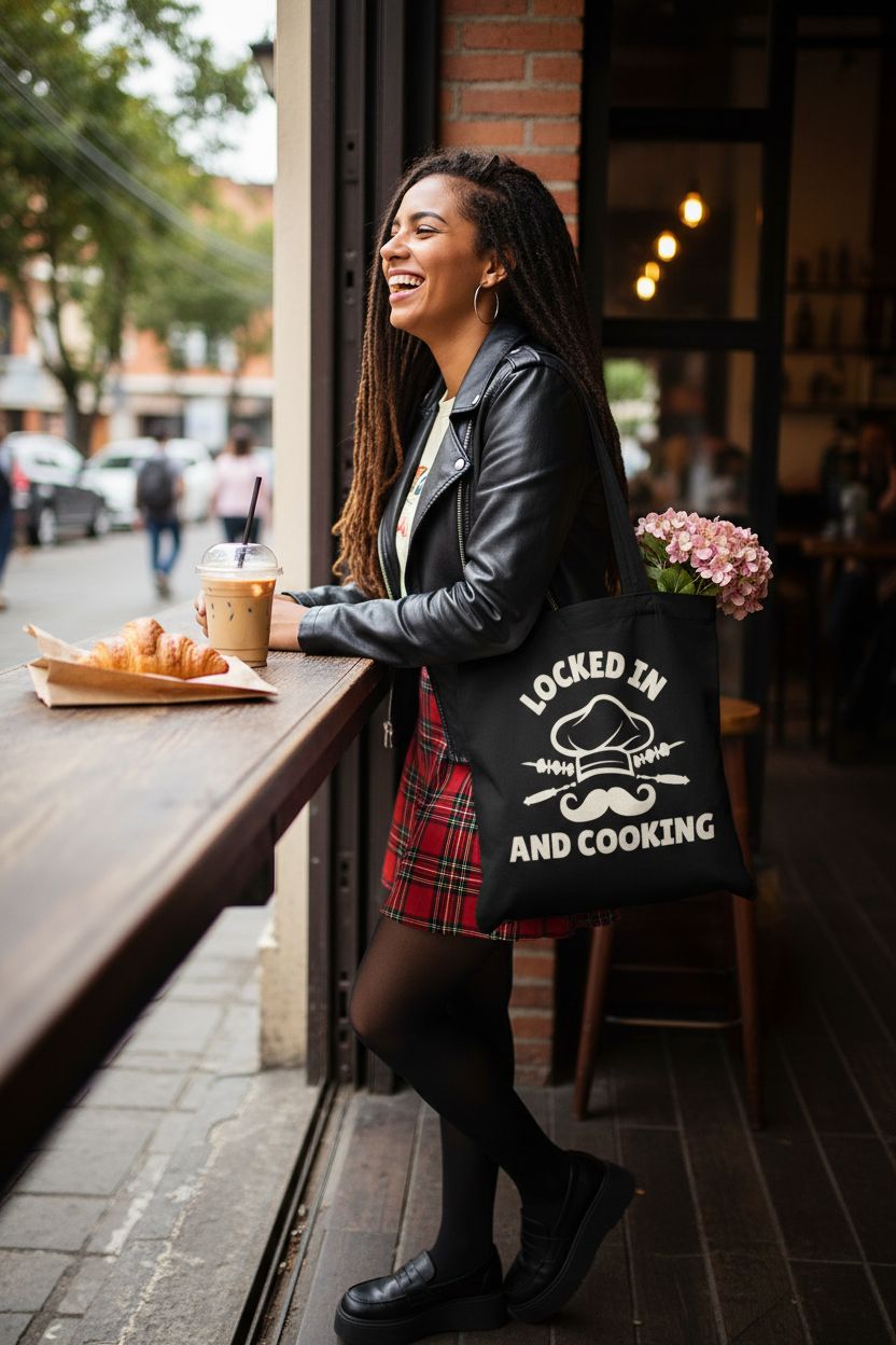 Black graphic tote bag by Locked In And Cooking, styled with a trendy outfit at a café.