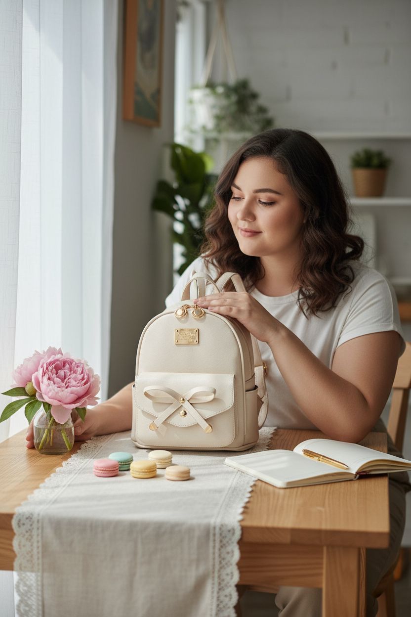 I IHAYNER beige leather backpack beside pink peonies and macarons in a cozy nook