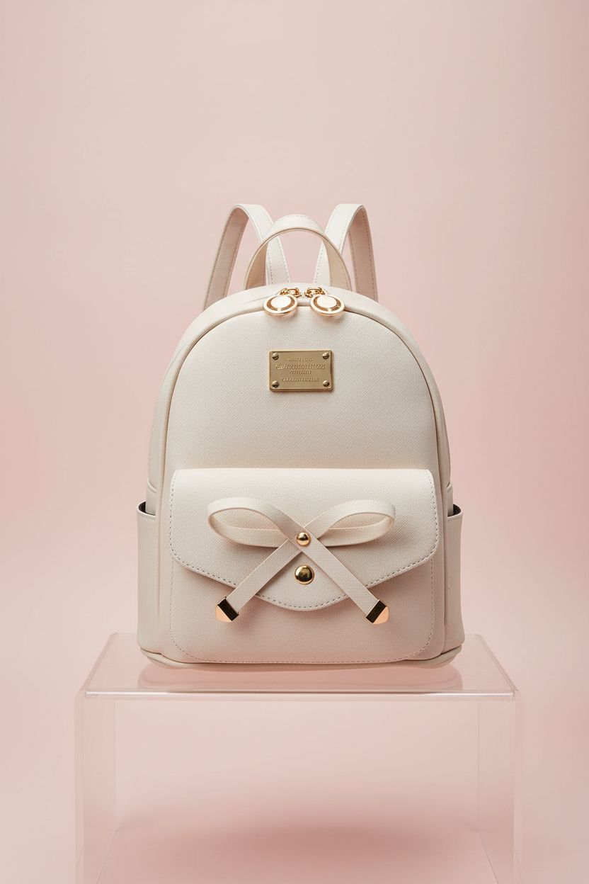 Detailed view of I IHAYNER beige mini backpack showcasing bowknot design and materials