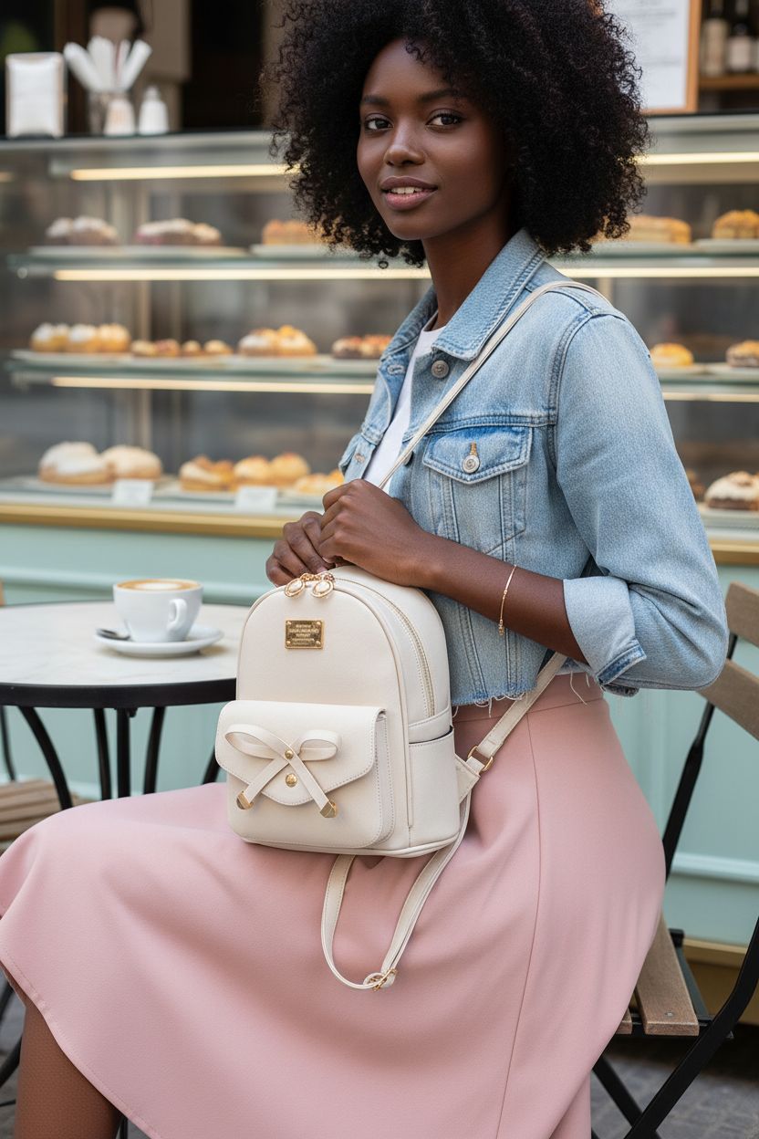 Beige I IHAYNER bowknot leather backpack on a cafe table with pastries and cappuccino