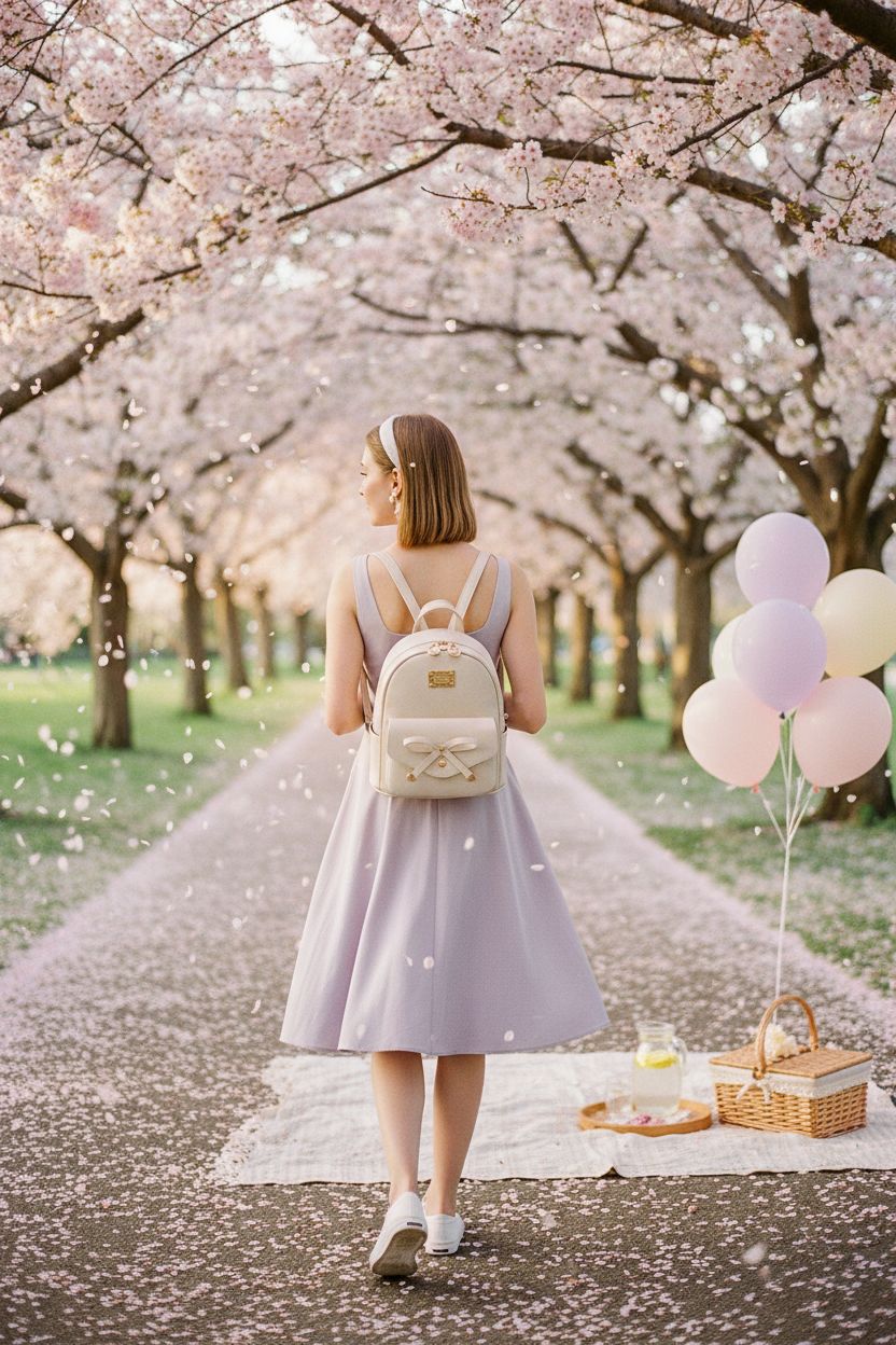 I IHAYNER beige mini backpack against a cherry-blossom park backdrop, perfect for picnics
