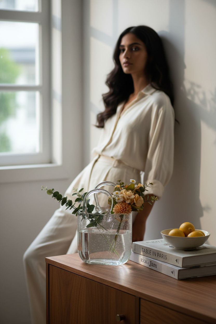 BTGLLAS clear glass purse vase elegantly placed on a walnut credenza, enhancing cozy decor.