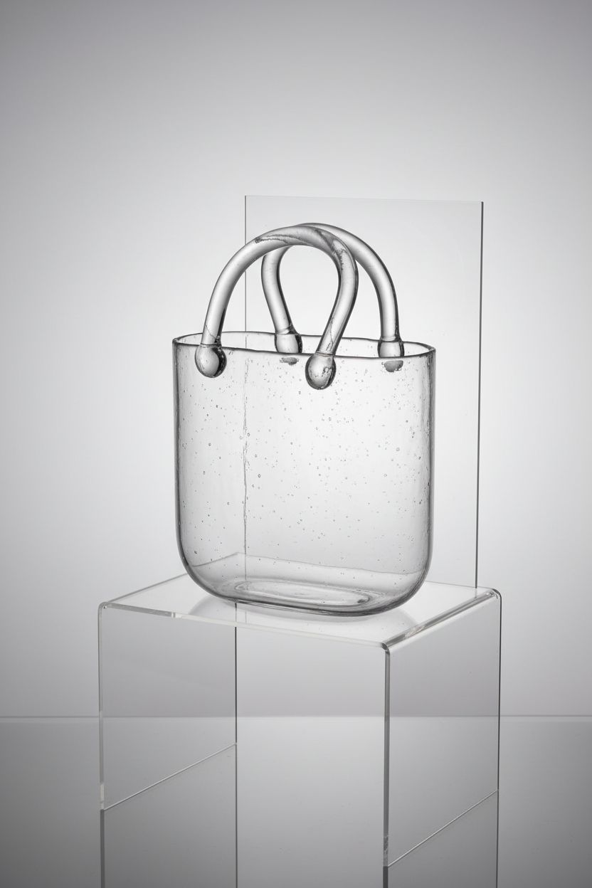 BTGLLAS clear glass purse vase displayed on a riser, highlighting its exquisite craftsmanship.