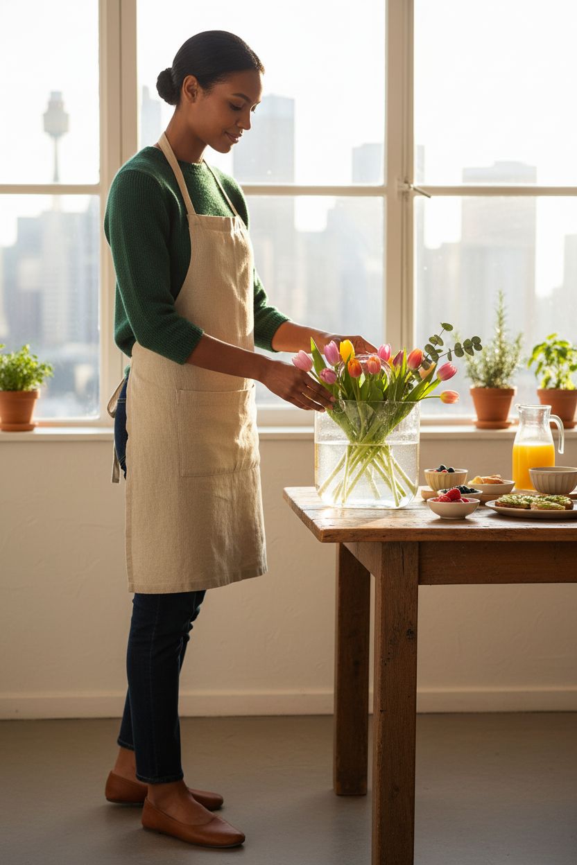 BTGLLAS clear glass purse vase with tulips on a wooden table, perfect for brunch decor.