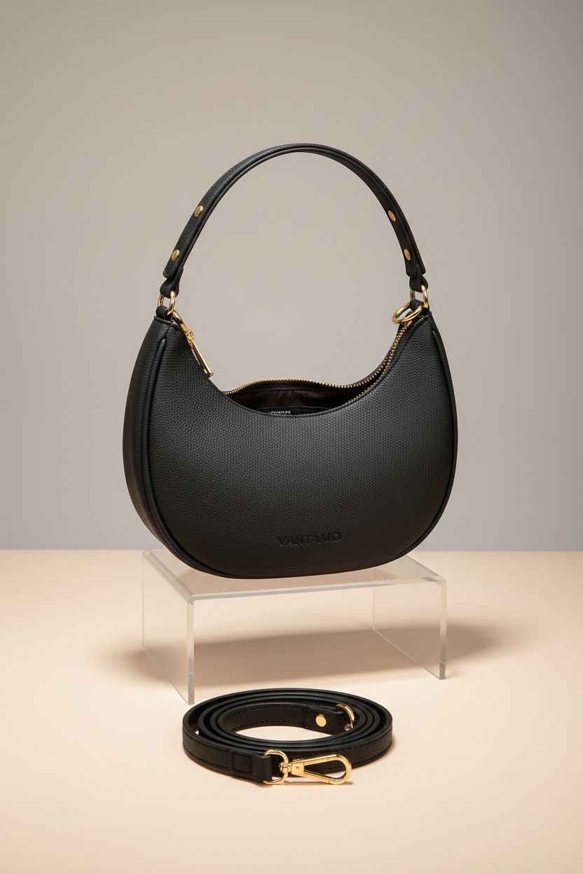 Vantamo black crescent bag displayed on an acrylic block, showcasing its design.
