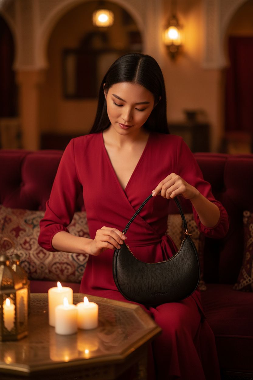 Vantamo Crescent Bag in black on a velvet banquette, perfect for going out.