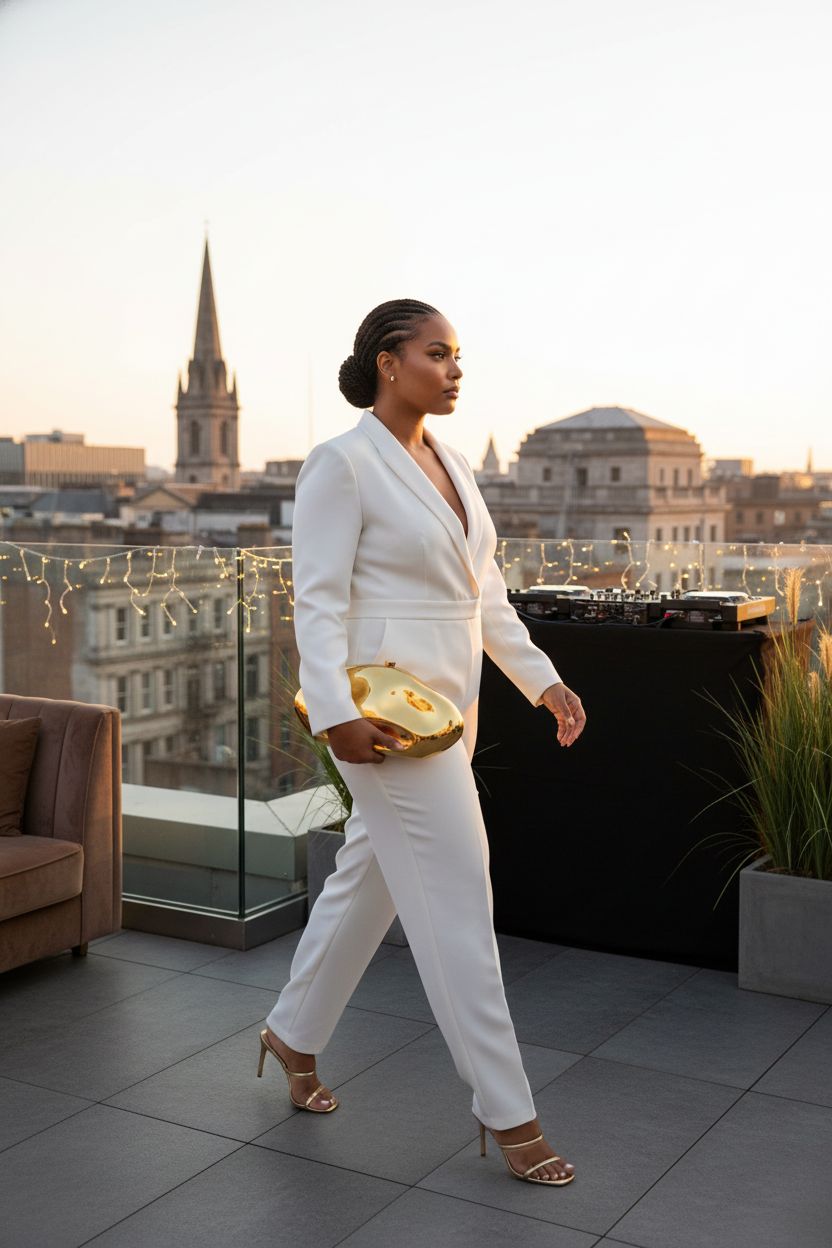 Sleek gold clutch by NEWROGENG against city skyline, perfect for chic events