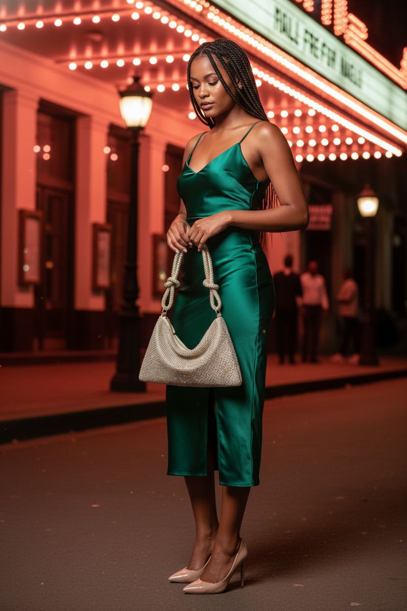 YUWITA gold rhinestone purse showcased against a historic theater backdrop, elegant and stylish.