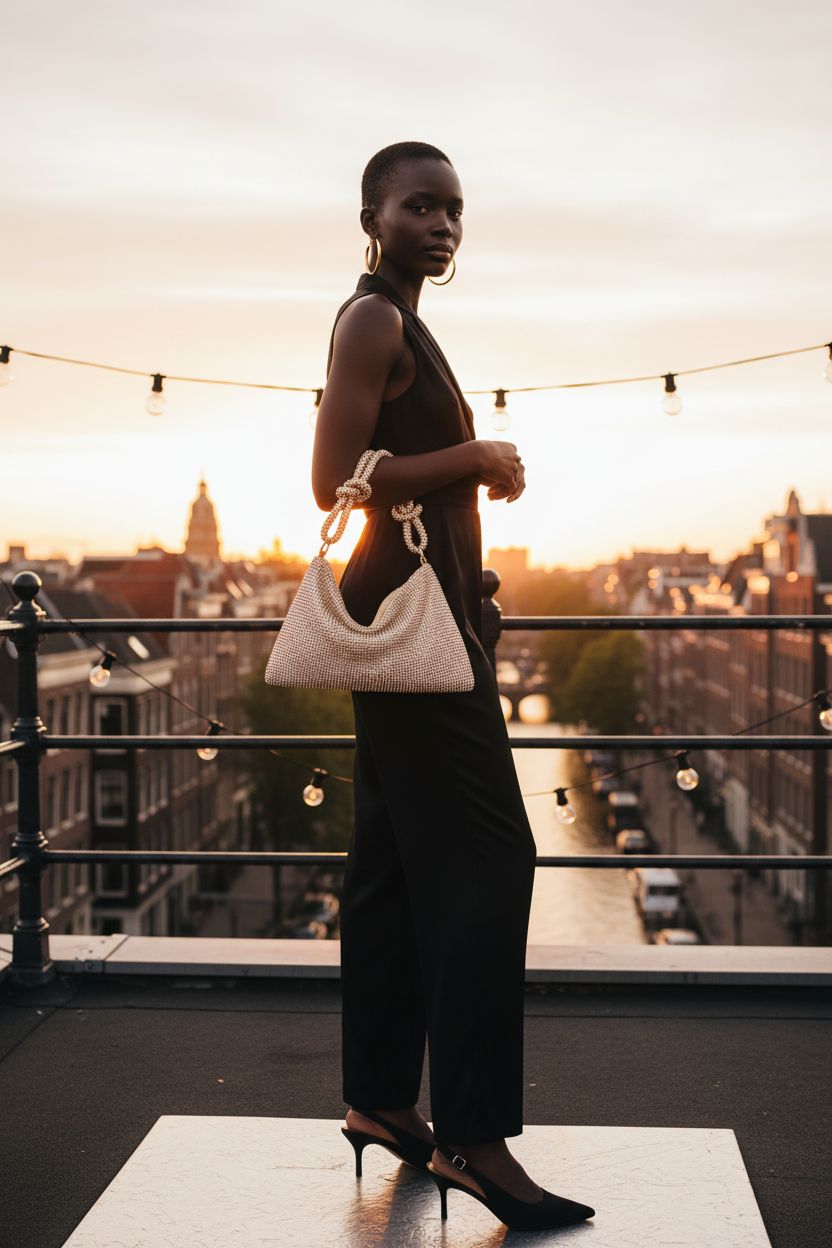 YUWITA gold rhinestone purse shining on a rooftop at golden hour, perfect for chic outings.