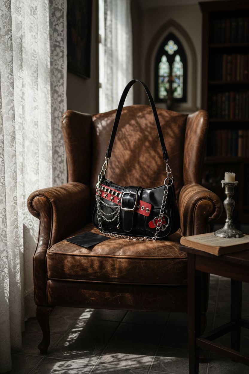Gothic purse resting in a cozy vintage nook with books and candle holder