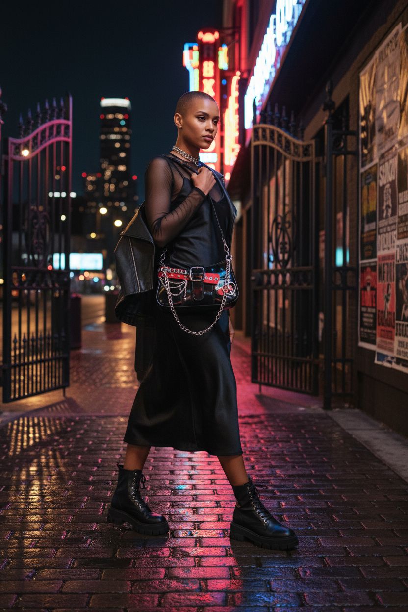 Glossy black and red gothic purse carried outside a live music venue at night