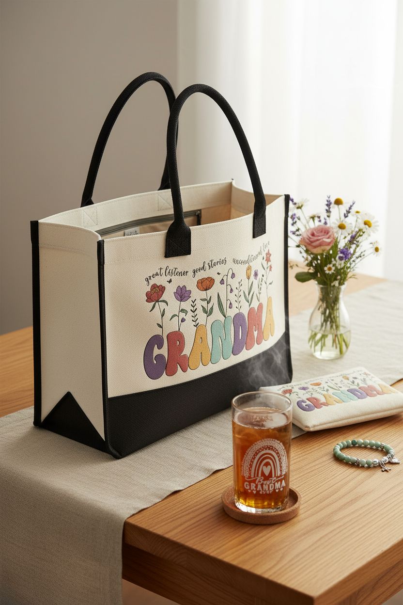 DOGMEM Grandma tote and makeup pouch on a stylish breakfast table, perfect for gifts