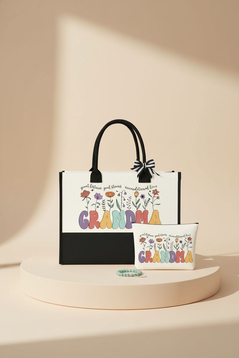 DOGMEM Grandma tote bag displayed prominently in a studio, highlighting its canvas texture