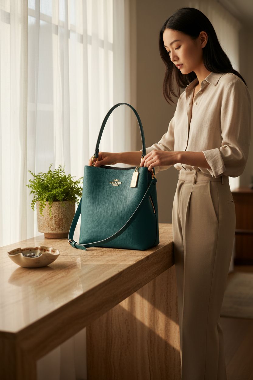 Elegant display of Coach Town Bucket Bag in forest green, set in a stylish entryway with morning light.