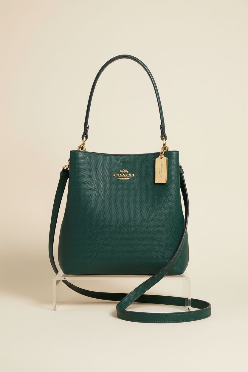 Product shot of Coach Town Bucket Bag, showcasing its structured design and pebble texture.