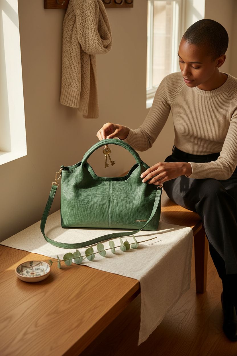 BOSTANTEN dark green leather purse on a cozy entryway bench.