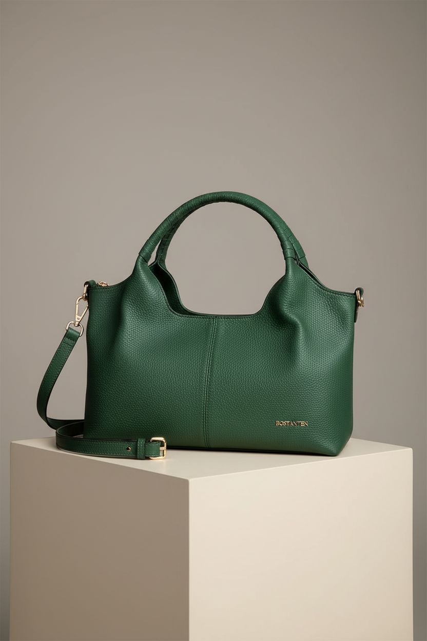 BOSTANTEN dark green leather purse showcasing its detailed craftsmanship.
