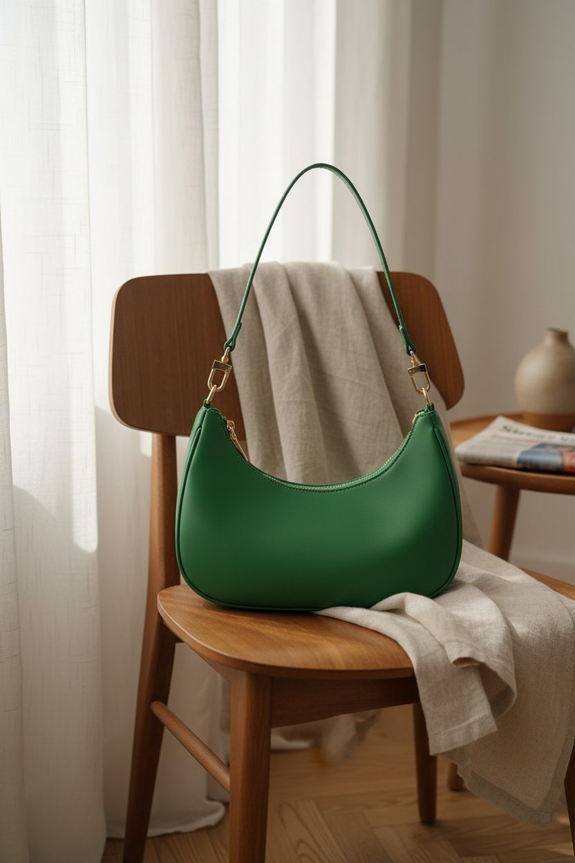 Cozy setting featuring green crescent bag by SYXLCYGJ on a wooden chair.